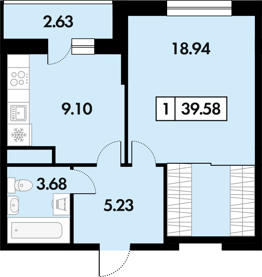 Однокомнатная квартира в Рязани площадью 39.58м2